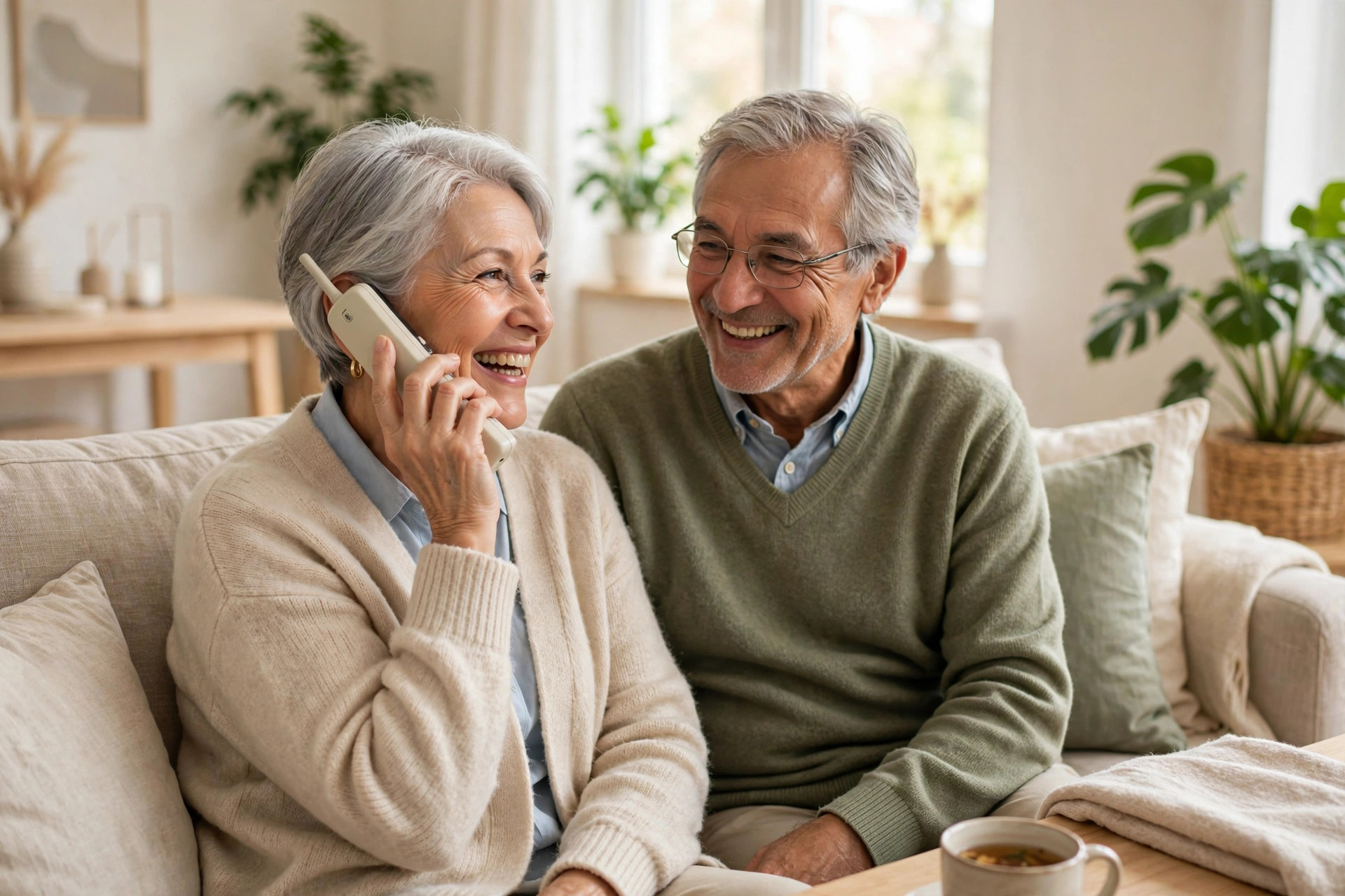 Happy couple talking on their home phone