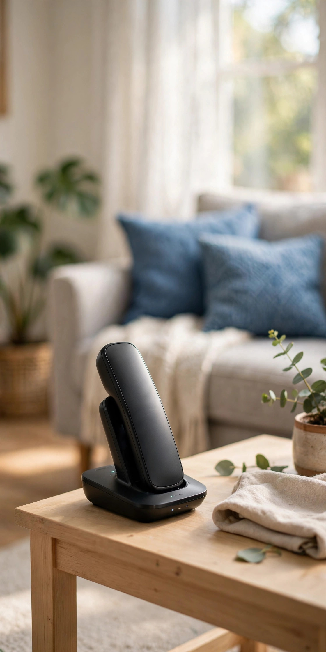 Cordless home phone on a table in a bright living room